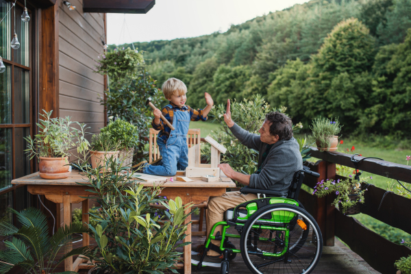 Happy small boy with senior grandfather in wheelchair constructing birdhouse, diy project.