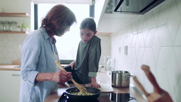 A small girl with senior grandmother indoors in kitchen cooking and talking.