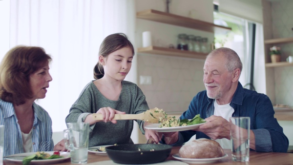 A happy small girl with senior grandparents indoors sitting at the table, eating.