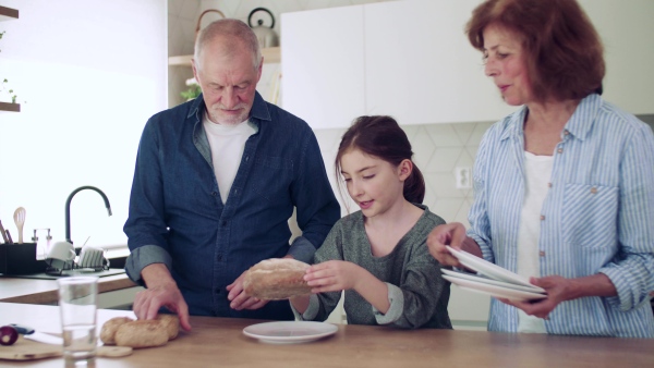 A small girl with senior grandparents indoors in kitchen preparing food and talking.