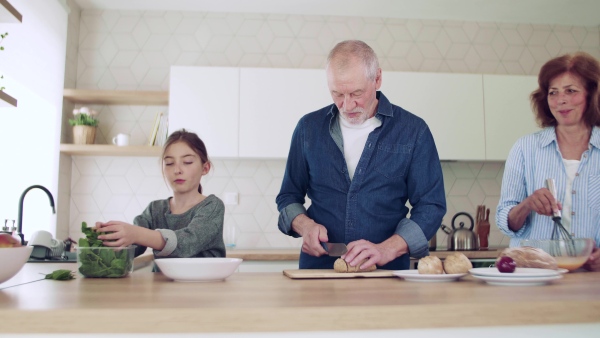 A small girl with senior grandparents indoors in kitchen preparing food and talking.