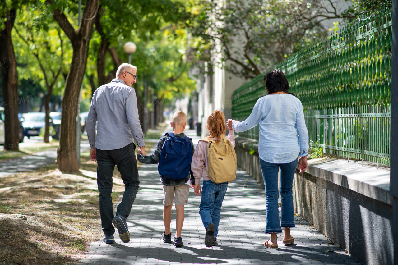 A rear view of grandparents taking grandchildren home from school, walking outdoors in street.