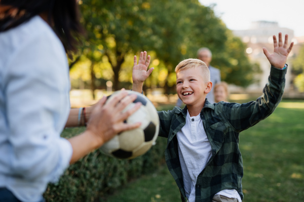 Happy little children with grandparents playing with ball outdoors in a park