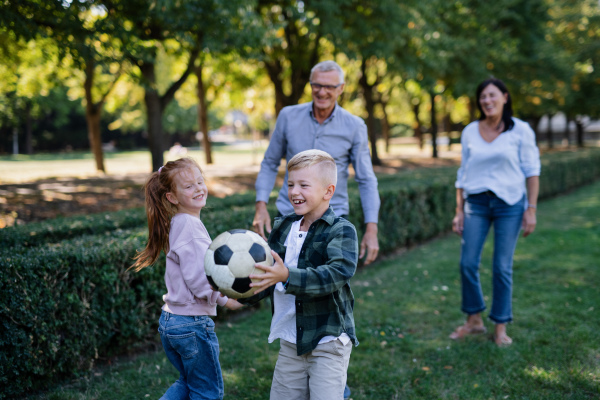 Happy little children with grandparents playing with ball outdoors in a park