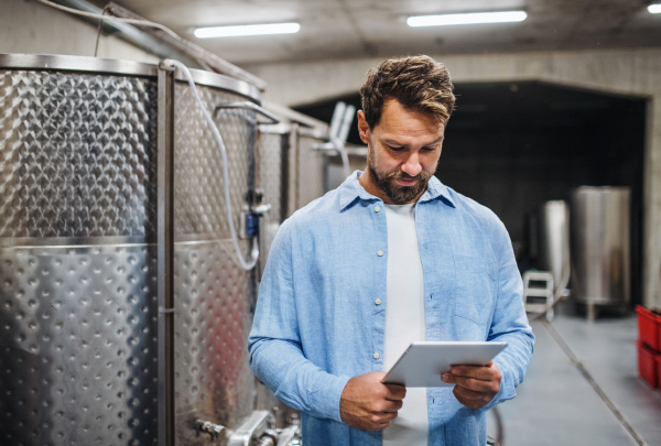 Man worker with tablet indoors, wine making concept. Copy space.