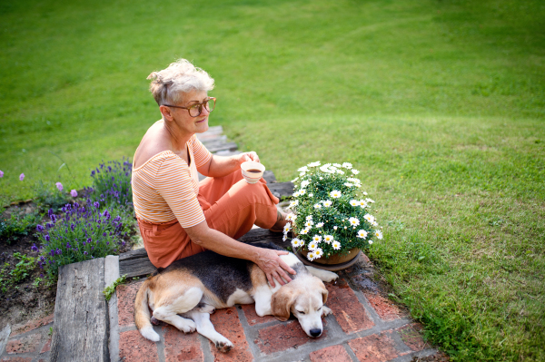 Side view portrait of senior woman with pet dog sitting outdoors in garden, relaxing with coffee.