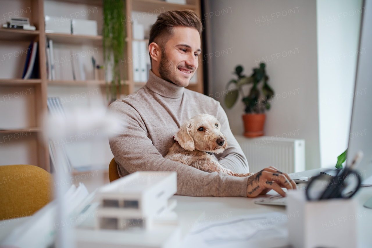 A young businessman with dog sitting at the desk indoors in office, using computer.