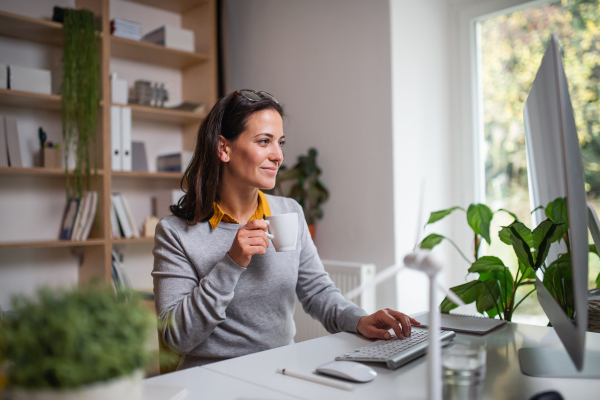 Attractive businesswoman sitting at the desk indoors in office, working with computer.