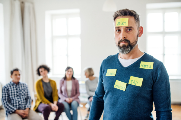 Mature man standing with negative emotions adhesive notes during group therapy. Copy space.