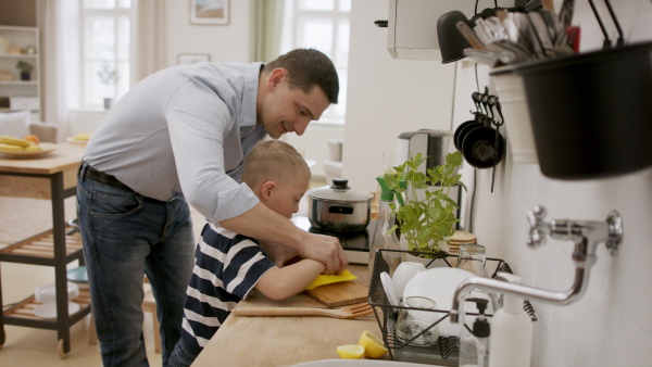 A father with down syndrome son indoors in kitchen, washing dishes.