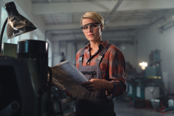 A portrait of young industrial woman working indoors in metal workshop.