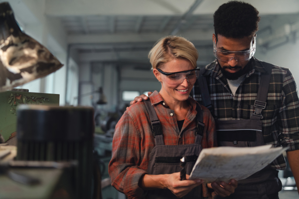 A portrait of young biracial industrial colleagues working indoors in metal workshop, smiling