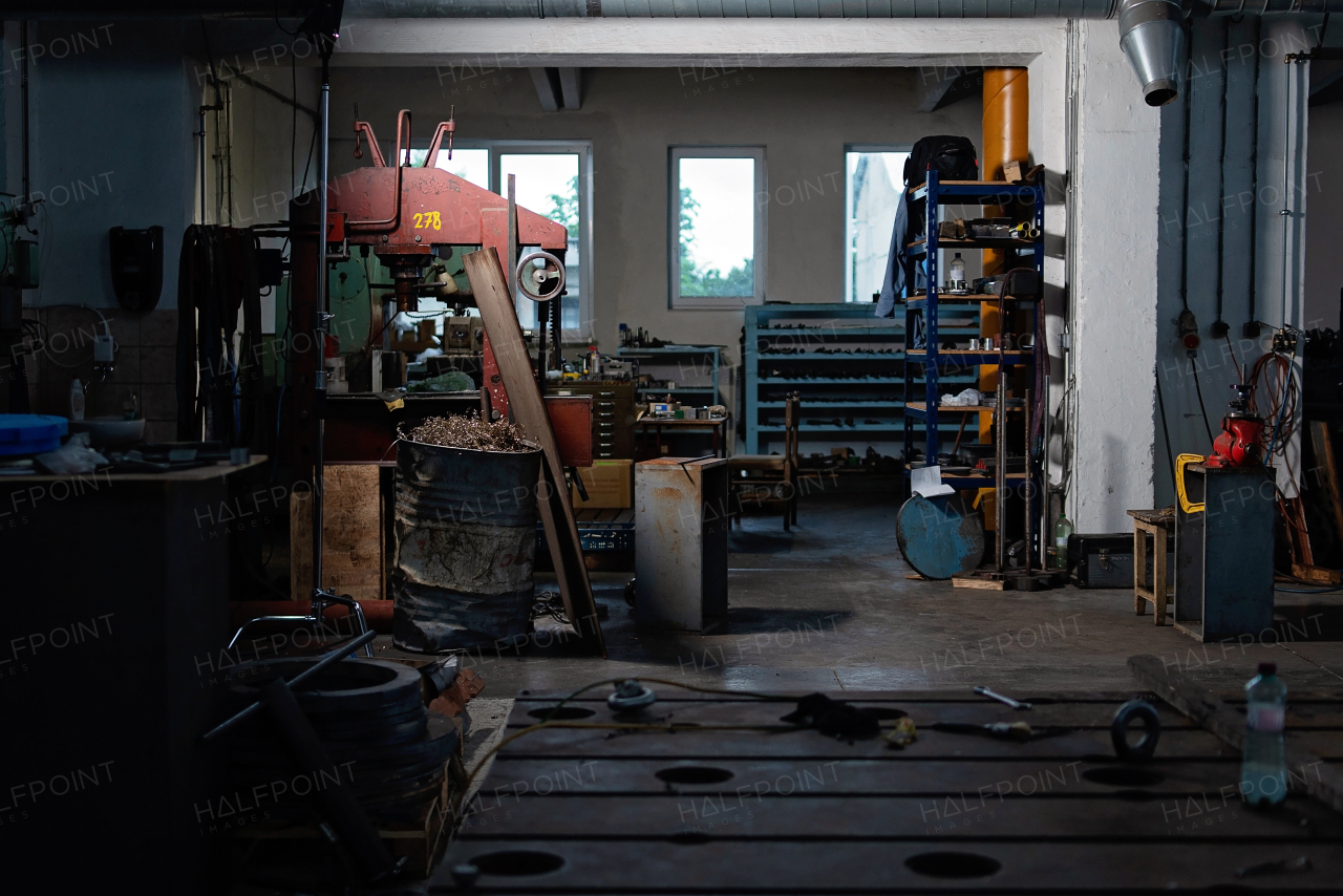 An old mechanic workshop with tools and machinery