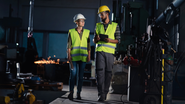 A portrait of industrial inspectors doing a general check up indoors at metal workshop.