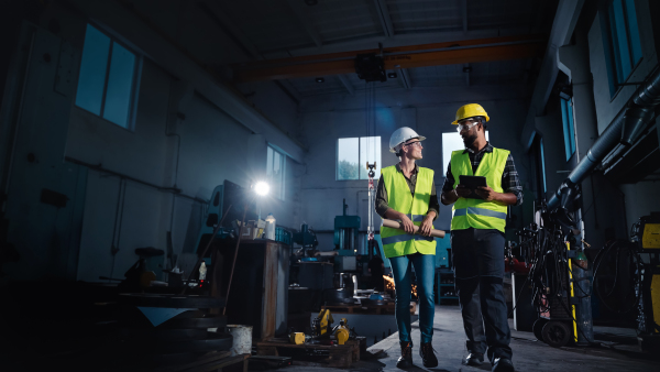 A portrait of industrial inspectors with tablet doing a general check up and talking indoors at metal workshop.