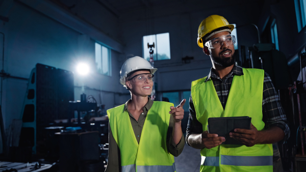 A portrait of industrial inspectors doing a general check up indoors at metal workshop.