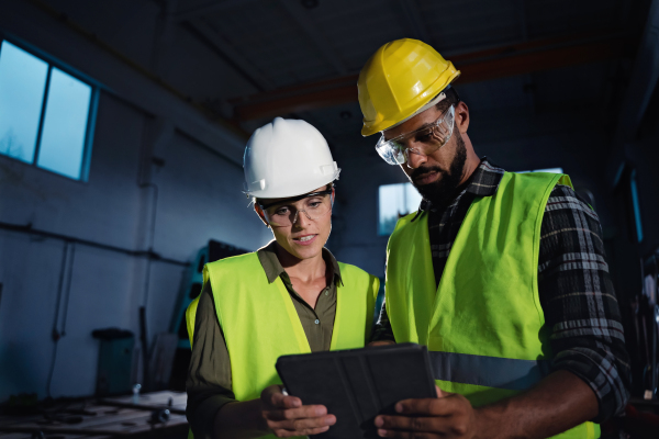 Portrait of industrial inspectors with a tablet doing a general check up indoors at metal workshop.