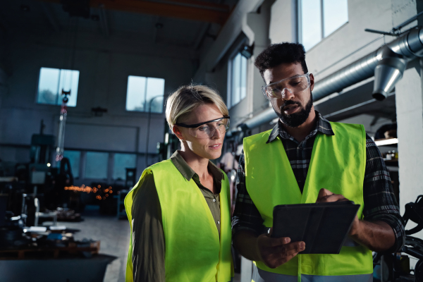 A portrait of industrial inspectors doing a general check up indoors at metal workshop.