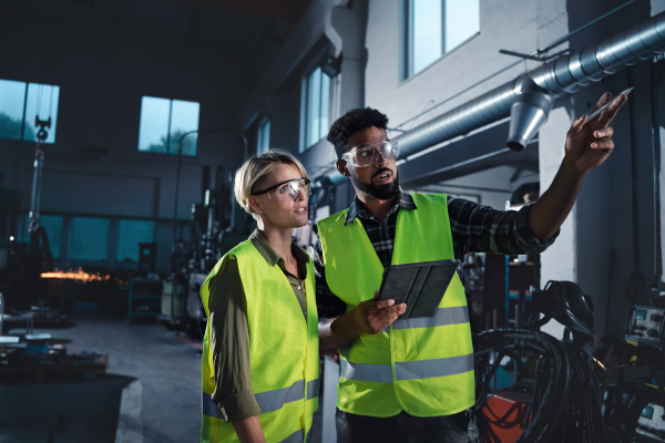 A portrait of industrial inspectors doing a general check up indoors at metal workshop.