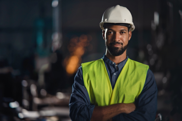 A portrait of happy young industrial man working indoors in metal workshop, looking at camera.