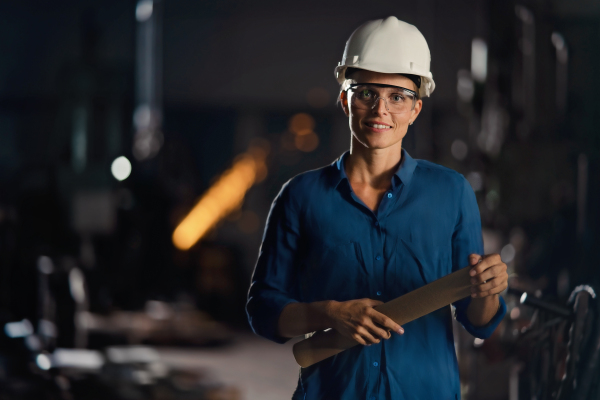 A portrait of young industrial woman working indoors in metal workshop, looking at camera.