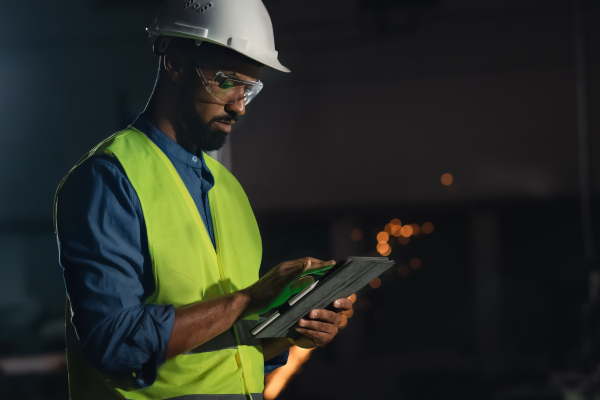 A portrait of happy young industrial man with protective wear using tablet indoors in metal workshop.