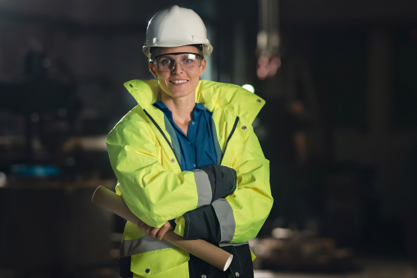 A portrait of happy young industrial woman working indoors in metal workshop, looking at camera.