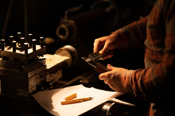 Close up of industrial man hand with a caliper measuring dimension of steel component, indoors in metal workshop at night.