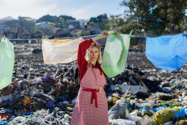 Woman housewife on landfill hanging plastic bags as laundry., consumerism versus plastic pollution concept.