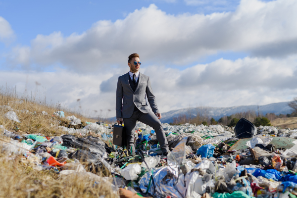 Fashionable modern businessman standing on landfill, large pile of waste. Consumerism versus pollution concept. Corporate social responsiblity in business.