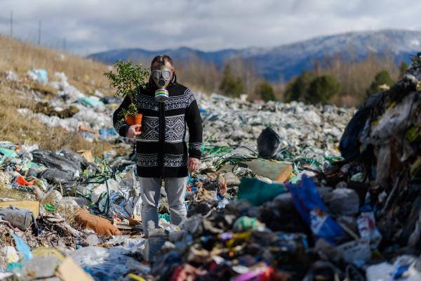 Man with gas mask holding potted plant on landfill standing on landfill, large pile of waste, environmental concept and eco activism.