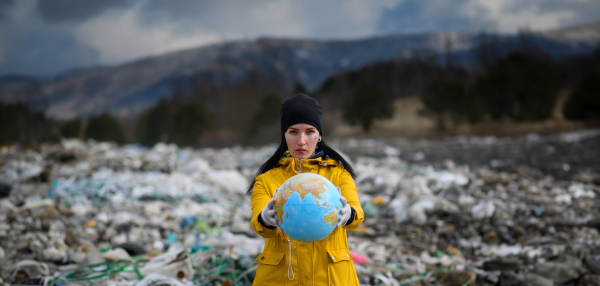 Woman activist holding planted earth model, globe standing on landfill, large pile of waste on sea beach, shoreline, environmental concept and eco activism. Banner with copyspace.