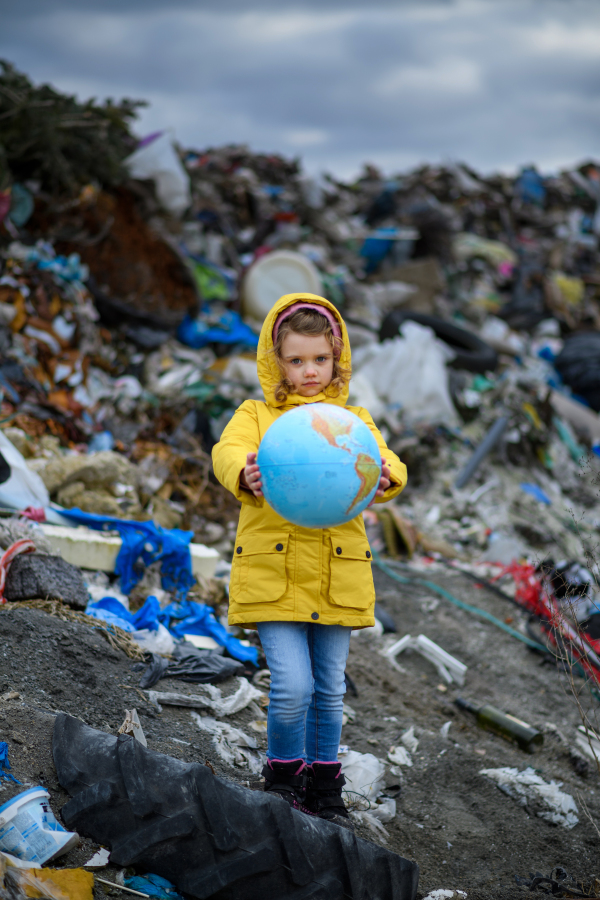 Young girl holding planet Earth model, globe, standing standing on landfill, large pile of waste, nature pollution environmental concept and eco activism. Greta lookalike.