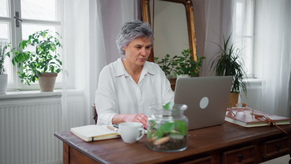 Mature woman freelancer having an online meeting in her home office, using laptop, drinking coffee.