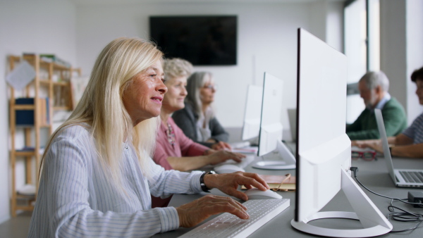 Group of cheerful senior people attending computer and technology education class.