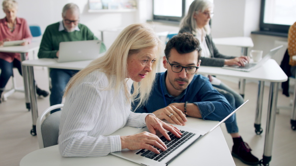 Group of cheerful senior people attending computer and technology education class.