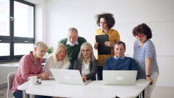 Group of cheerful senior people attending computer and technology education class.