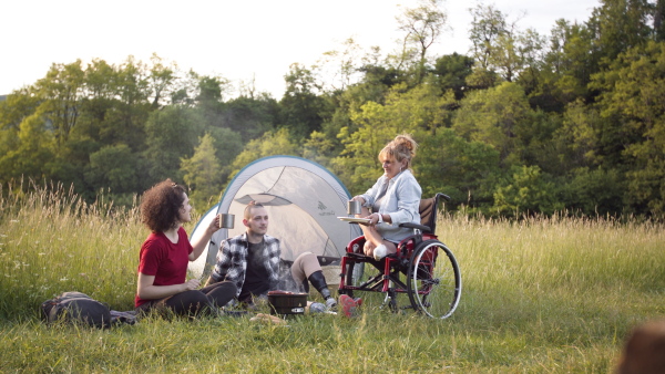 Disabled teenager with leg prosthetis and mature woman on wheelchair enjoying barbeque with woman friend outdoors.