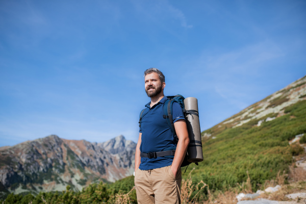 Mature man with backpack hiking in mountains in summer, resting.