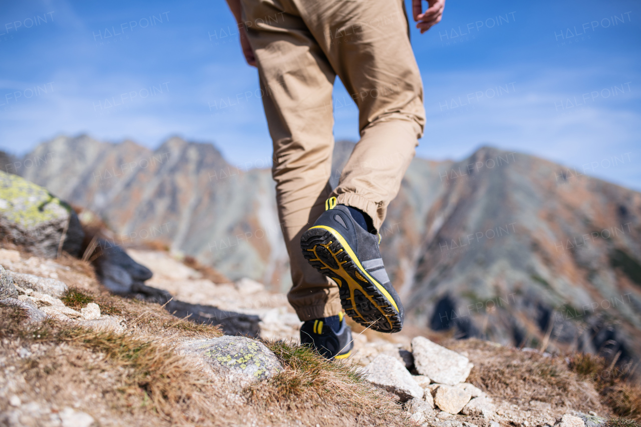 Legs of unrecognizable hiking in mountains in summer, walking.