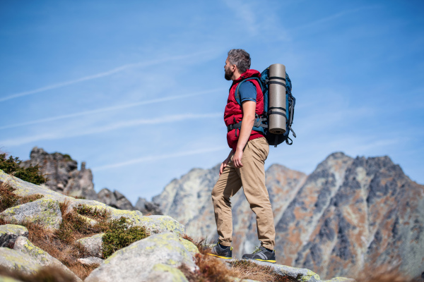 Mature man with backpack hiking in mountains in summer. Copy space.