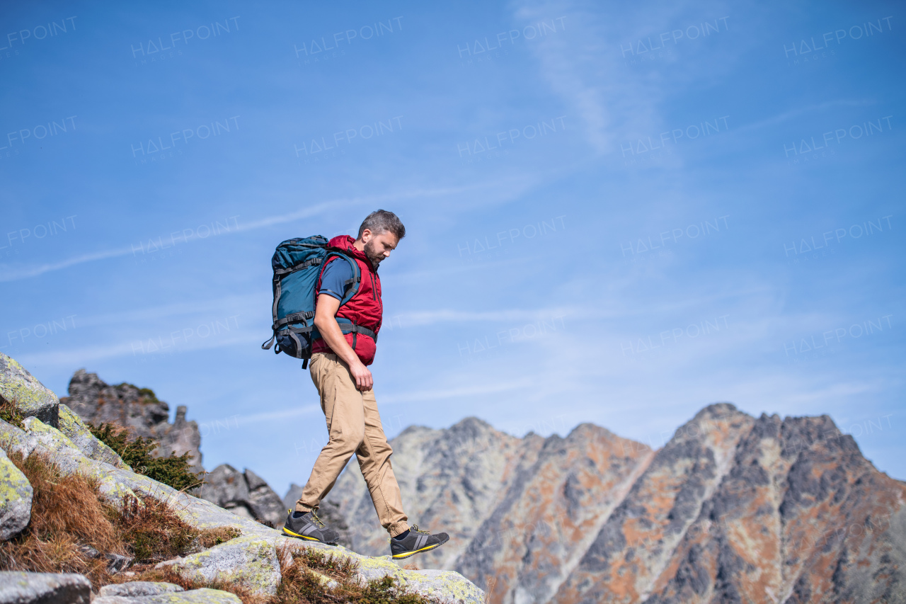 Mature man with backpack hiking in mountains in summer. Copy space.