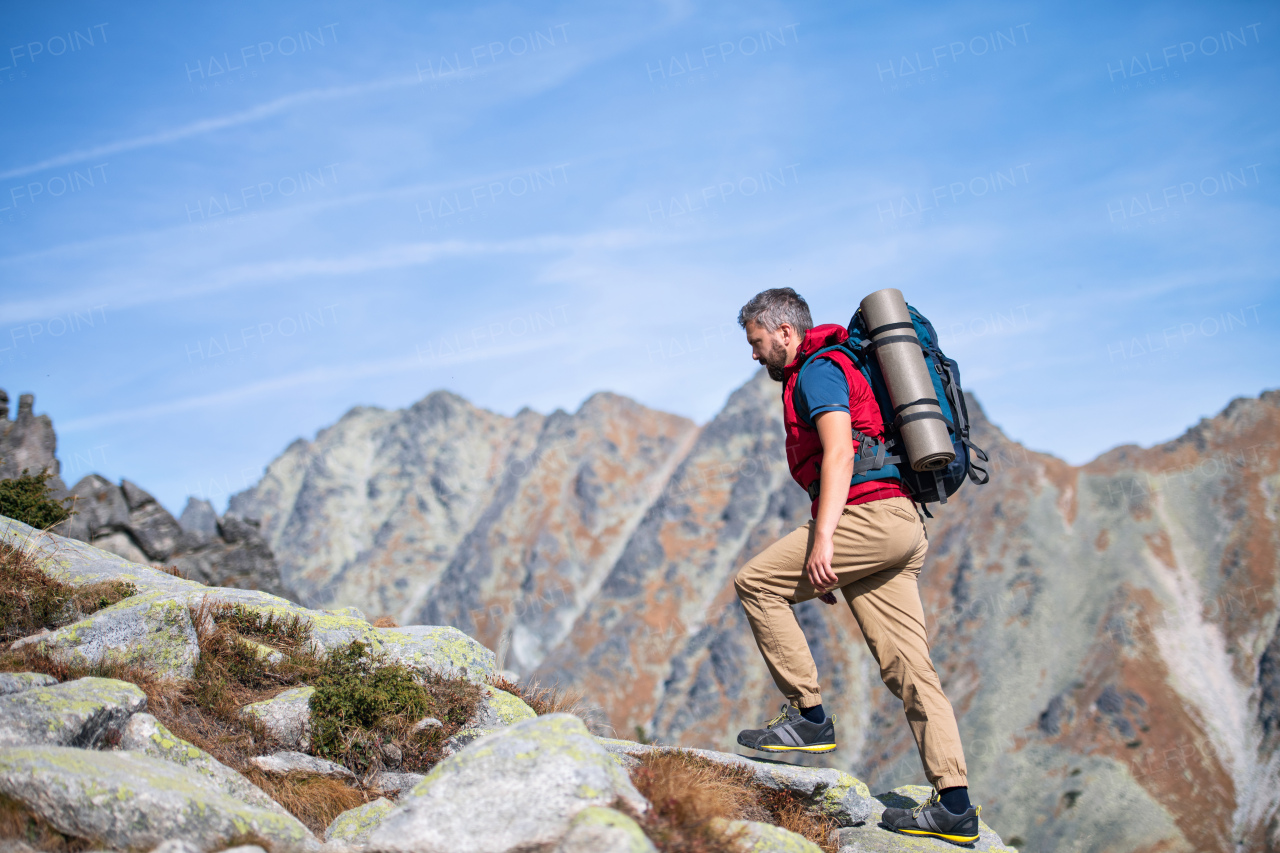 Mature man with backpack hiking in mountains in summer. Copy space.