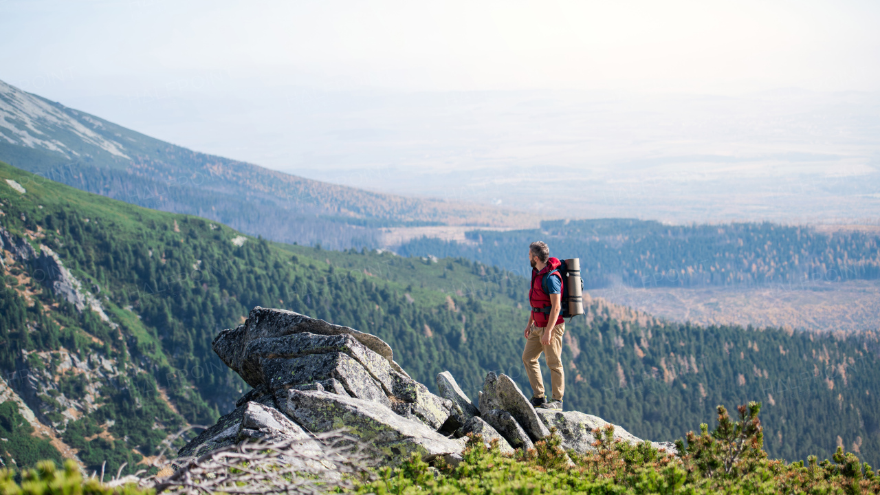 Mature man with backpack hiking in mountains in summer. Copy space.