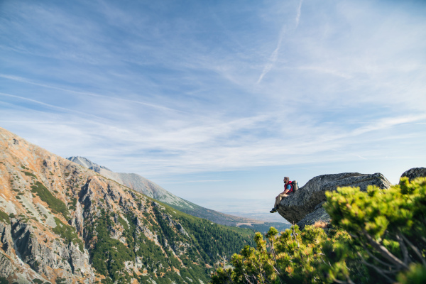 Mature man with backpack hiking in mountains in summer, resting on rock.