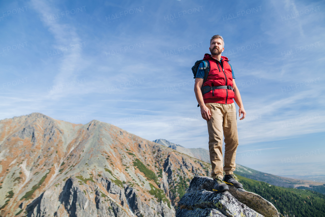 Mature man with backpack hiking in mountains in summer. Copy space.