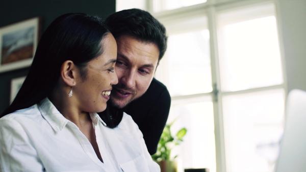 Young happy mixed race couple indoors at home, using laptop.