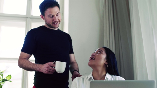 Young happy mixed race couple indoors at home, using laptop.