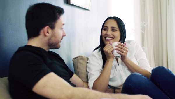 Young affectionate couple with coffee sitting indoors at home, talking.