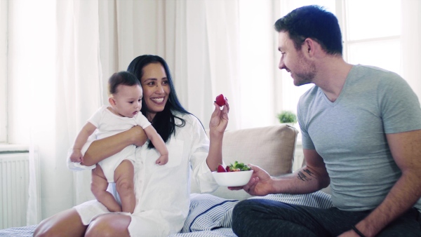 A young happy couple with a baby indoors on bed, eating strawberries.